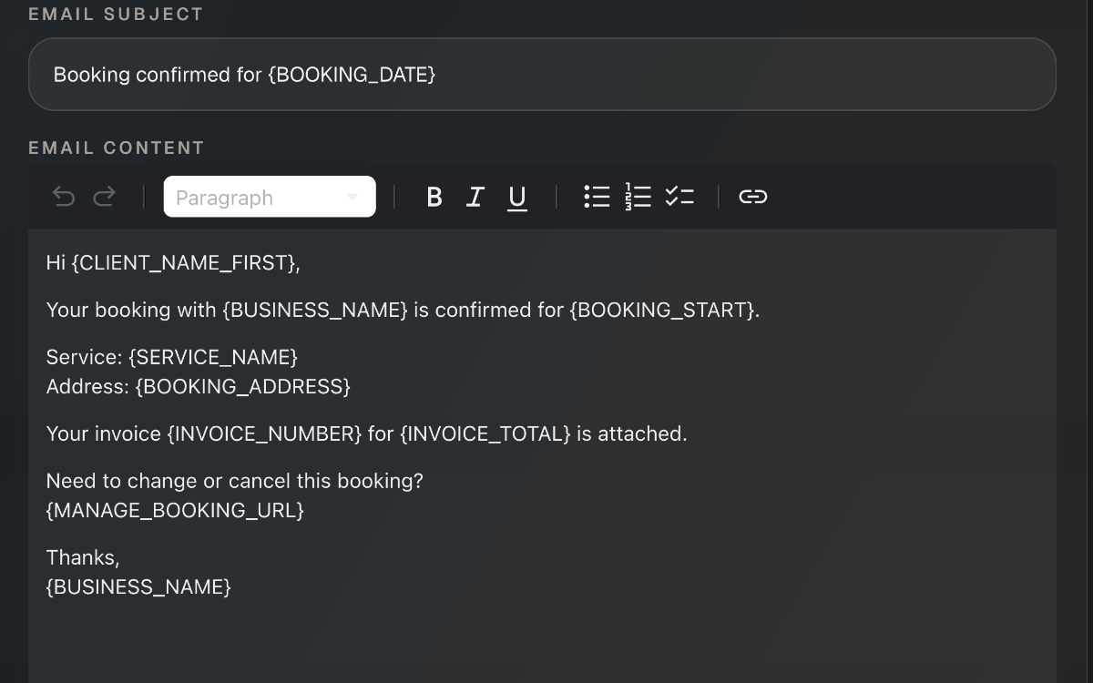 Booking confirmation communications screen