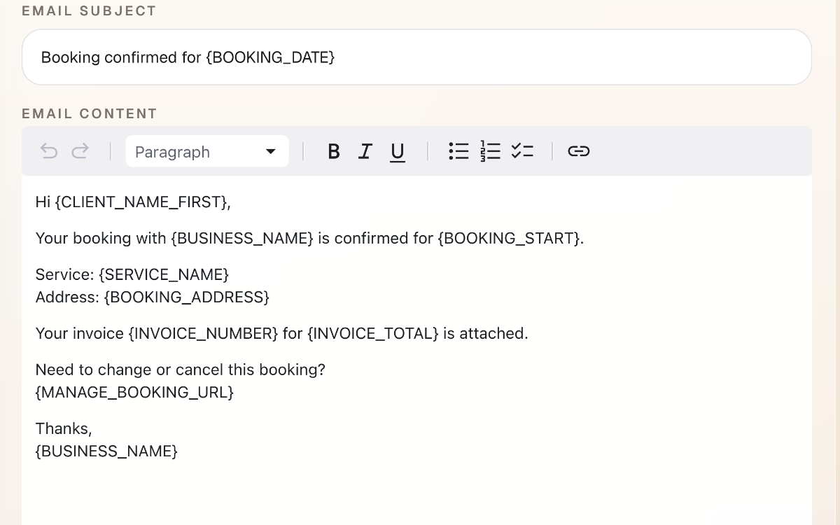 Booking confirmation communications screen