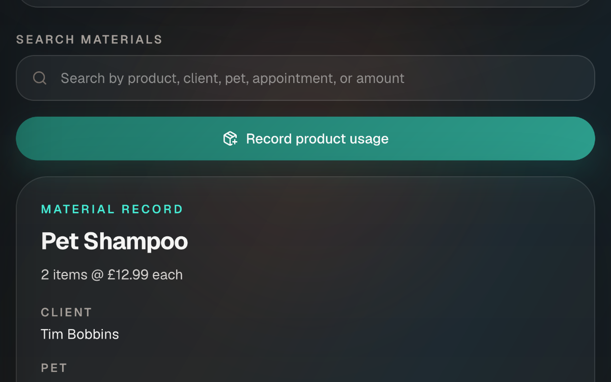Materials tracking screen