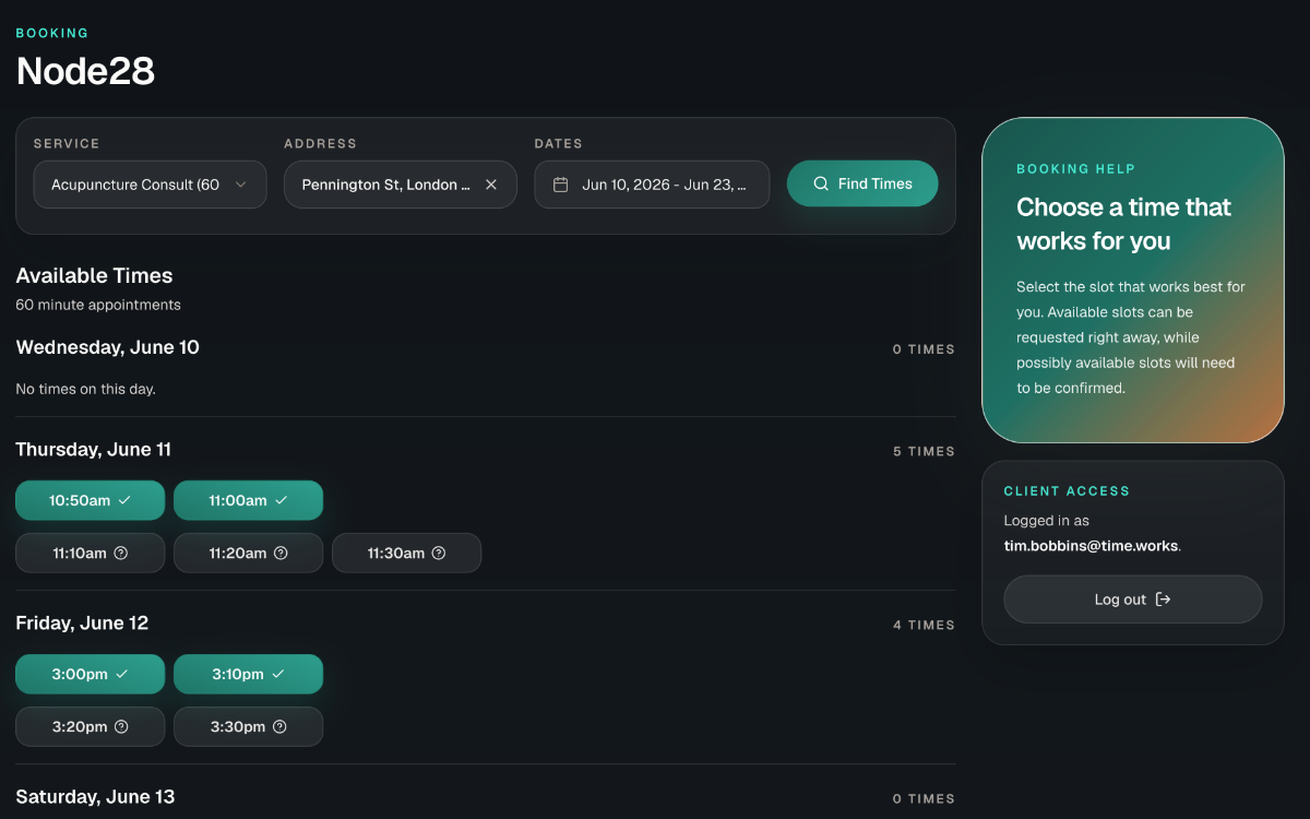 Customer self-serve booking screen