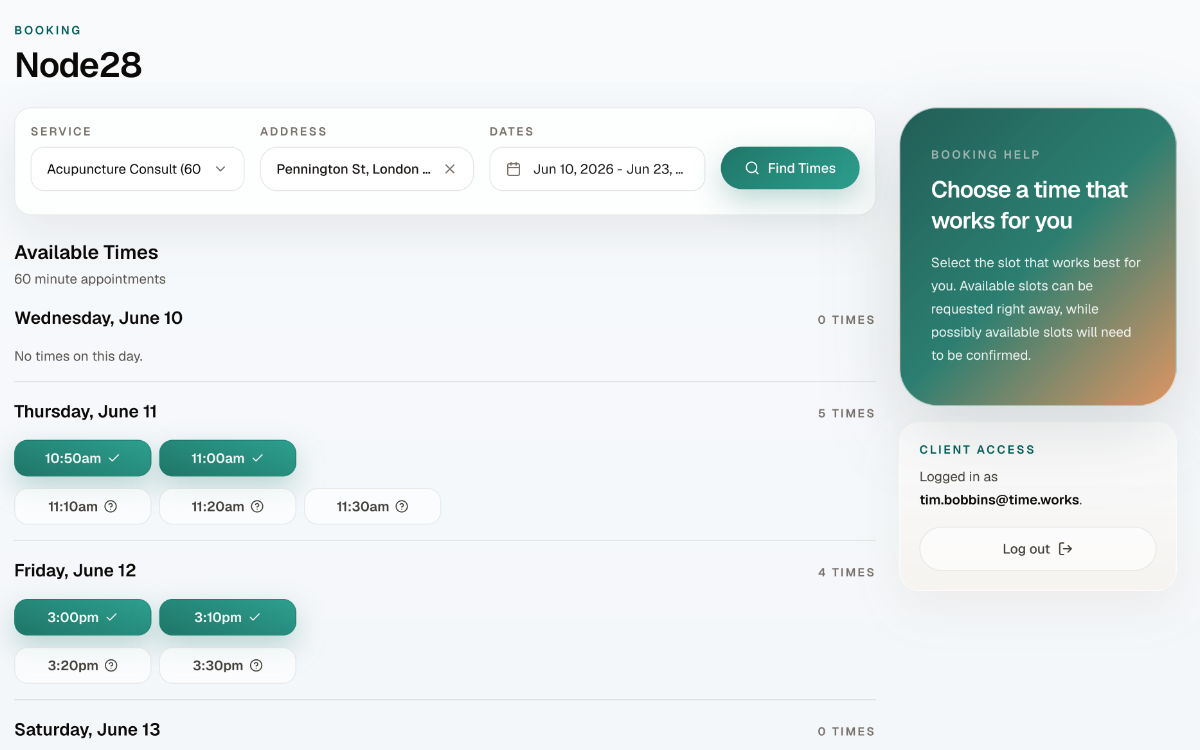 Customer self-serve booking screen